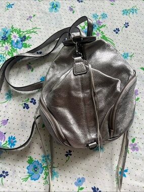 Rebecca Minkoff Pebbled Leather Mini Backpack Julian Convertible Silver Metallic